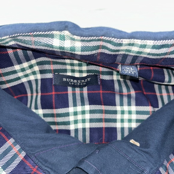 Burberry Long Men's XL Plaid Flip Cuff Navy Blue Button Down Shirt - Picture 3 of 10